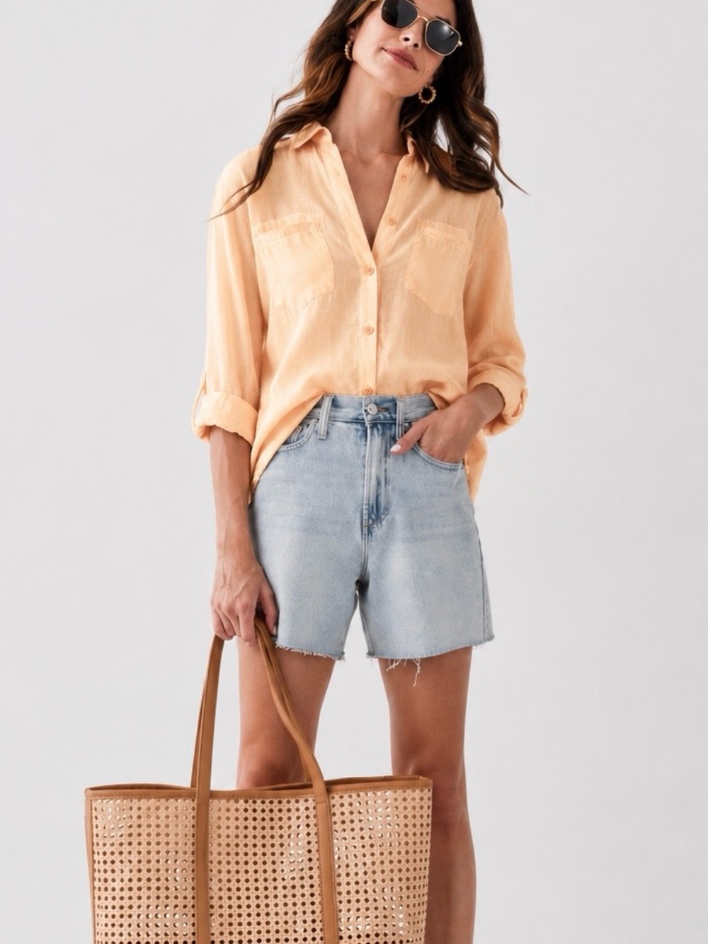 beachlunchlounge Peach Button Down Shirt Roll-Tab Sleeves Split Back Size Large